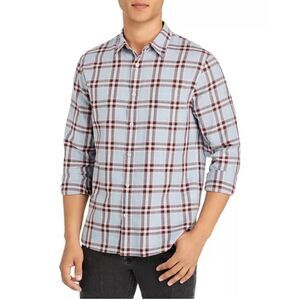 Vince Light Blue Brown Plaid "Liberty" Long Sleeve Cotton Button Down Shirt